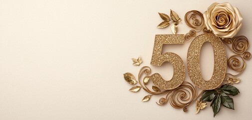 Luxurious Golden 50th Anniversary Celebration with Sparkling Decor on Beige Background - Elegant Festive Design for Milestone Events