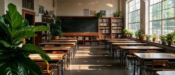 Serene Classroom Interior with Symmetrical Desks and Sunlit Window - Educational Setting for Learning and Orderly Preparation