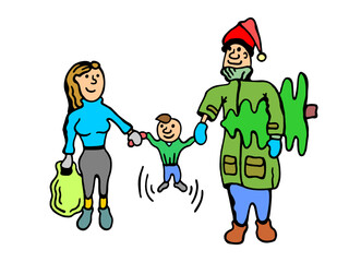 A cheerful cartoon-style illustration of a family carrying a Christmas tree and holiday shopping, celebrating the festive season together