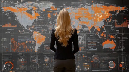 Businesswoman Analyzing Global Data on World Map with Digital Interface