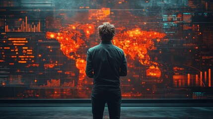 Man Standing Before World Map Data Screen