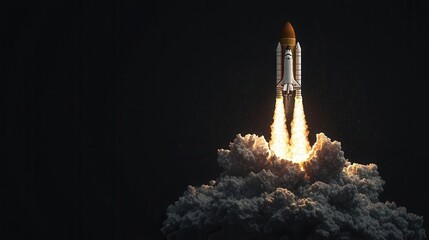 Space shuttle launching into space, fiery exhaust and clouds, Aerospace Engineering, space missions