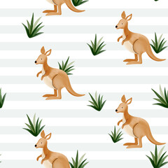 Cute seamless pattern with watercolor kangaroo. Childish wildlife background. Watercolor baby kangaroo wallpaper.