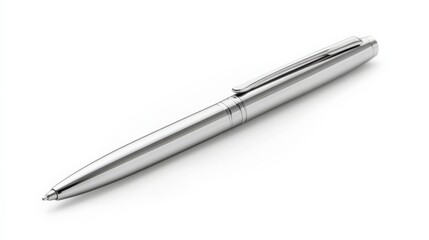 Sleek silver ballpoint pen isolated on a white background, showcasing elegance and minimalism in office supplies.