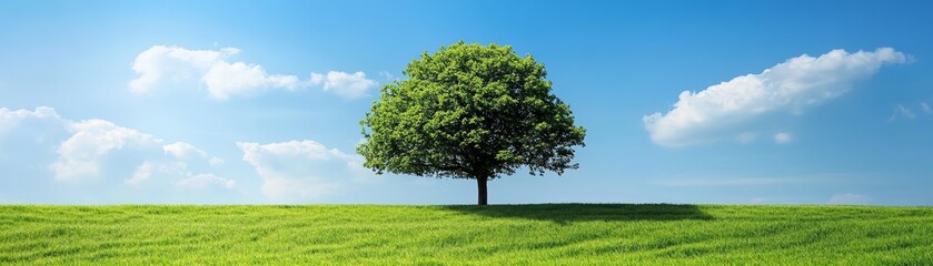 Fototapeta premium Green Tree on Grassy Hill with Blue Sky and Clouds