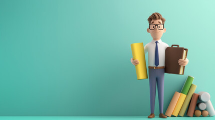 cheerful character stands confidently holding blueprints and briefcase, surrounded by colorful building materials. This illustration captures sense of creativity and professionalism