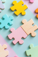 Fototapeta premium Colorful puzzle pieces on a pastel background, playful and engaging composition.