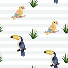 Tropical birds background. Watercolor toucan wallpaper. Cute seamless pattern with watercolor parrot.