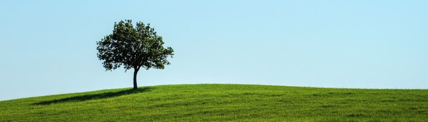 Fototapeta premium Single Tree on Green Hill with Blue Sky