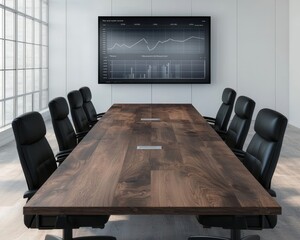 Sleek Wooden Conference Table in Modern Office Setting with Financial Data Display, Cityscape View, and Professional Atmosphere