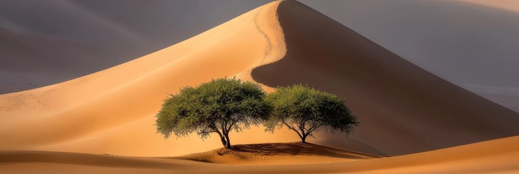  Two trees in the desert's heart, a mountain backs them up,..Cloud-strewn sky above, background completes their dup