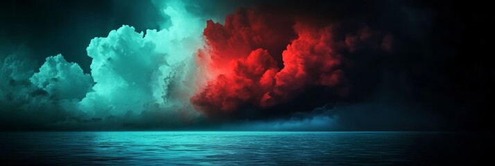  A red-green cloud painting hovers over a body of water, contrasted against a black background sky