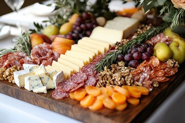 gourmet charcuterie display, artfully display assorted cheeses, cured meats, fruits, and nuts on a charcuterie board for an elegant presentation