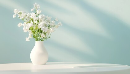 Elegant white flowers in a vase on a table against a soft-colored background. © justjupiter