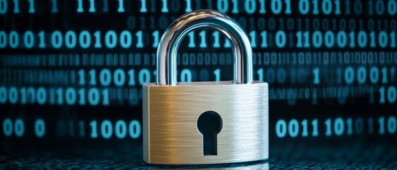Shiny Metallic Padlock Closeup with Binary Code Background - Digital Security and Protection Concept