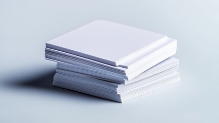 Stack of blank white paper isolated on light blue background, ideal for printing, office work, and stationery concepts.