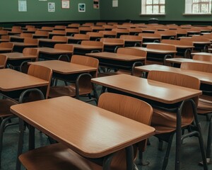 Minimalist Classroom Interior with Rows of Wooden Desks and Chairs in Soft Natural Light, Educational Concept
