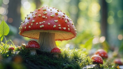 Beautiful fly agarics grow in the autumn forest in sunny weather. Close-up of fly agarics in the forest.