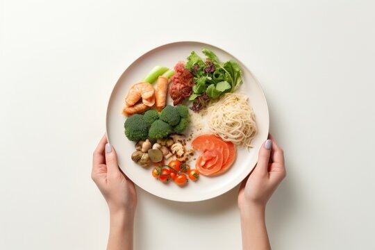 Hands holding healthy food on plate adult meal dish.