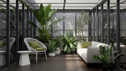 Fototapeta premium Green cozy sunroom with white furniture and dark wooden floor