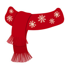 Red winter scarf with fringe and white snowflake pattern. Winter clothing for xmas holiday and winter designs. Cozy accessory for seasonal decoration or festive apparel concept.