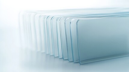 Stack of clear glass panels with soft focus, showcasing transparency and minimalism for modern architectural designs.