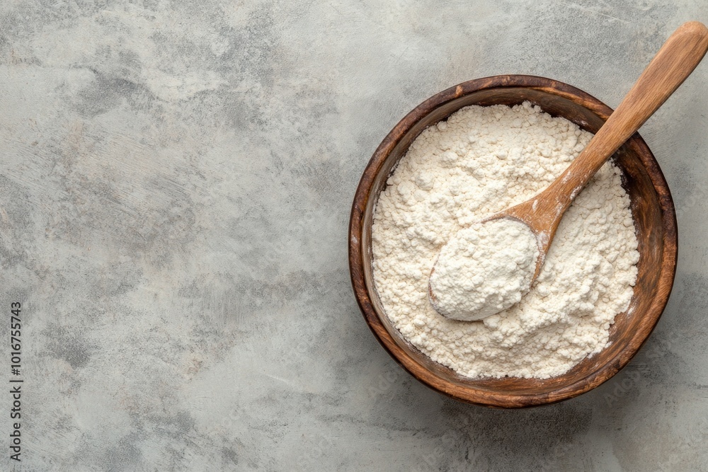 Wall mural Bowl of flour with wooden spoon resting on gray background