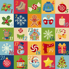 Advent calendar illustration featuring 25 colorful squares, each with a unique Christmas themed icon. For seasonal design, holiday project, and festive decoration concept.