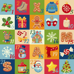 Advent calendar featuring 25 festive squares with a Christmas themed object such as mittens, ornaments, and holiday treats. For seasonal project, greeting card, and holiday decoration.