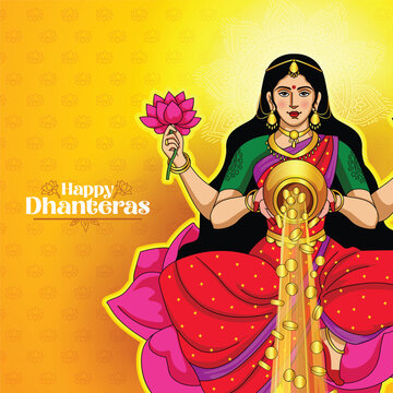 illustration of Happy Dhanteras Gold coin in pot for Dhantera celebration with maa lakshmi	
