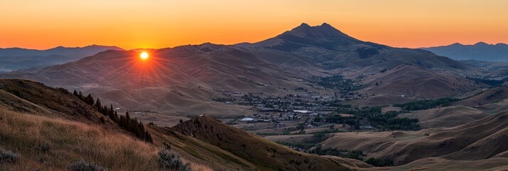  The sun sets over mountains, a village in foreground, a town in distance