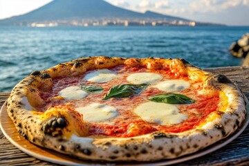 Delicious neapolitan pizza resting on wooden table overlooking the bay of naples with vesuvius in background