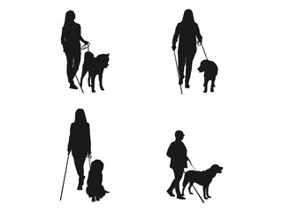young blind woman with guide dog. Silhouette of Woman Walking Her Dog - Guide Dog. Silhouette blind woman with stick walks beside guide dog leads. Silhouette on white background. 
