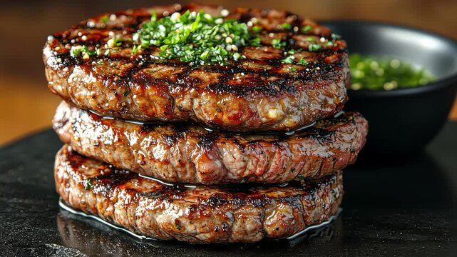 Chef presenting a stack of grilled meat patties