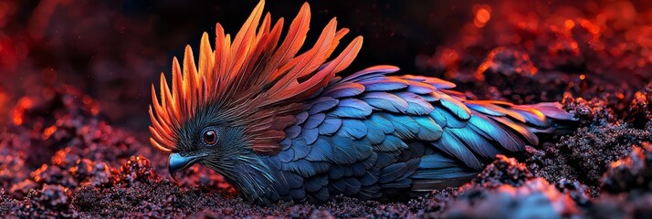 Obraz premium A tight shot of a vividly colored bird atop a bed of earth against a backdrop of a red-hued sky