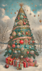 Christmas tree with gifts in winter forest.