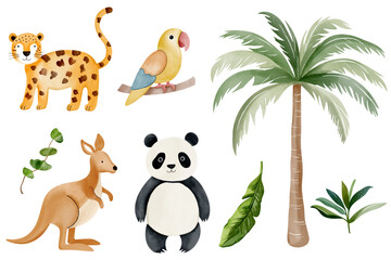 Naklejka premium Watercolor jungle animals and palm tree. Wild panda, parrot, kangaroo, leopard. Hand drawn safari set.
