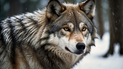 Obraz premium Majestic wolf in snowy forest with focused gaze on serene winter day under falling snowflakes.
