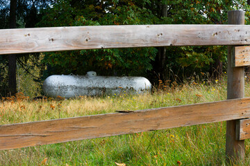 An image of a very old and rusted propane storage tank tucked away by a stand of trees.