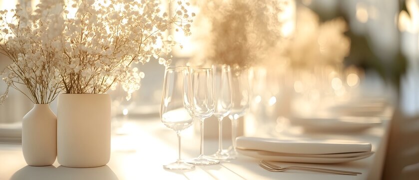 Elegant and sophisticated monochromatic table setting featuring minimal decorative elements in soft neutral tones for a sleek contemporary event or The serene