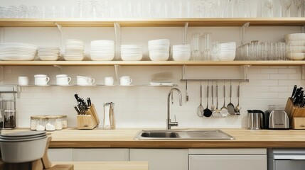 Bright modern kitchen with a functional eating and cooking area, featuring neatly arranged kitchenware and smart storage solutions.
