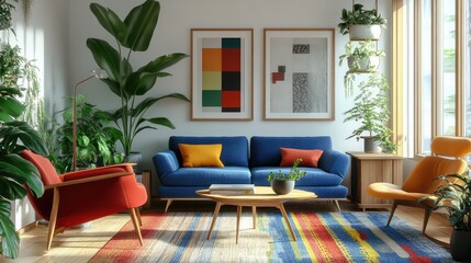 Bright, Scandinavian living room with a blue sofa, bold armchairs, colorful rug, and green plants, showcasing mid-century furniture design.