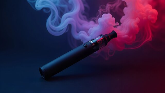 Black vape with smoke clouds on a dark background.