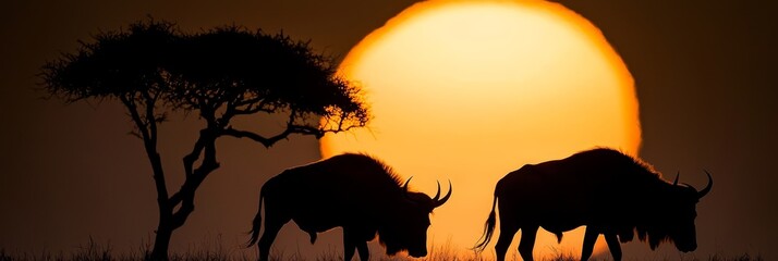  Two animals positioned side by side, before a vast sun, and trees in the foreground