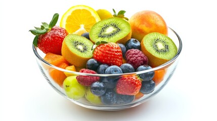 Vibrant bowl of assorted fresh fruits, including kiwi, strawberries, blueberries, and more, arranged in a glass bowl on a white background.