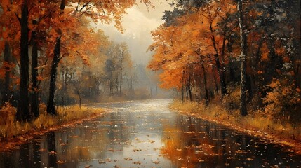 Obraz premium Autumn landscape painting with yellow leaves and a winding road