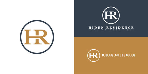 Modern circle initial vector letter HR or RH logo in gold color isolated on multiple background colors. The logo is suitable for Luxury Residence Suite logo design inspiration templates.