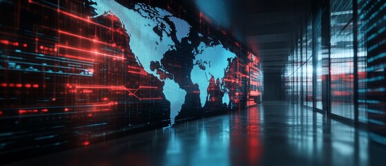 Double exposure of abstract digital world map hologram on empty room interior background, big data and blockchain concept