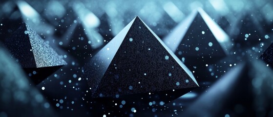 A close up of a bunch of black pyramids with a lot of snow on them