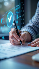 A close-up of a hand signing a document with digital analytics in the background, symbolizing modern business practices. Ideal for articles on technology, contracts, or professional development